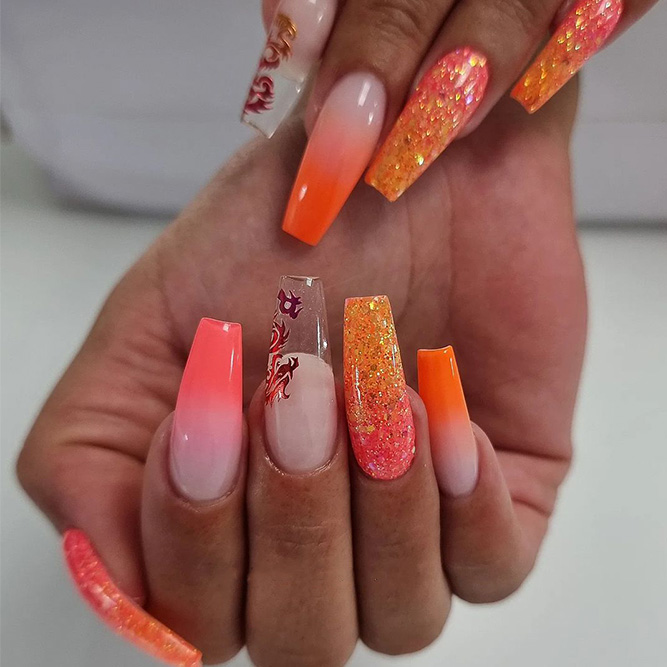Orange Glitter Nails