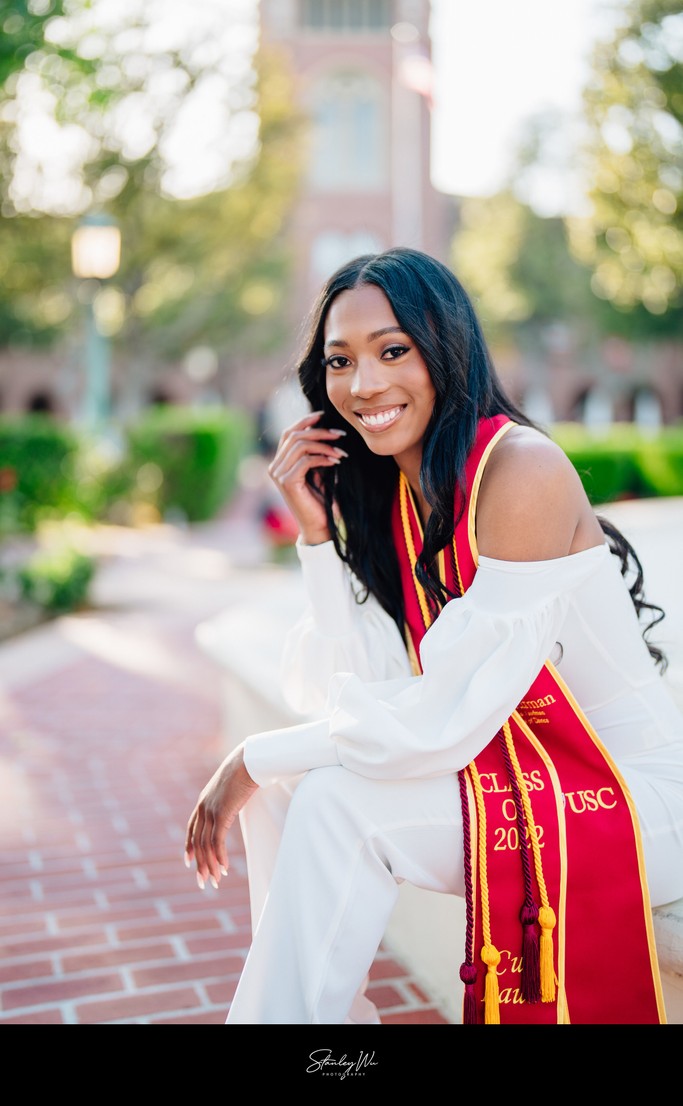 Graduation Portrait Sitting by Fountain at USC Graduation Portrait Sitting by Fountain at USC